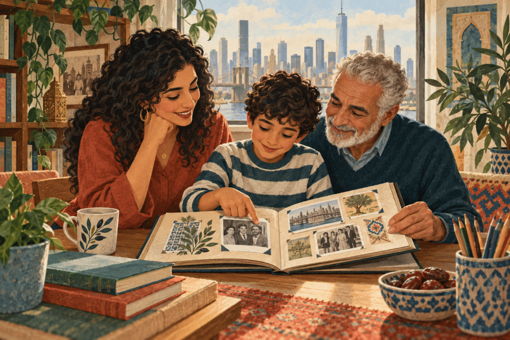 Illustration of an Arab American family sharing an album and cultural objects in a modern home.